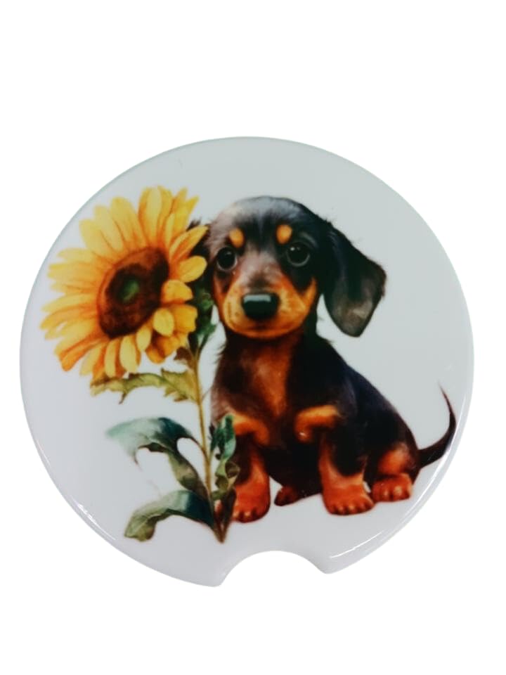 Adorable Dachshund with Sunflower Ceramic Car Coaster Set 2.56" (2 Pack)
