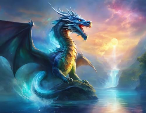 A majestic Dragon overlooking a lake with a waterfall Edible Icing Sheets- Assorted Image Cake Toppers-Frosting Sheets- Cookies- Cupcake Toppers for 1/4 Sheet Cake or Larger