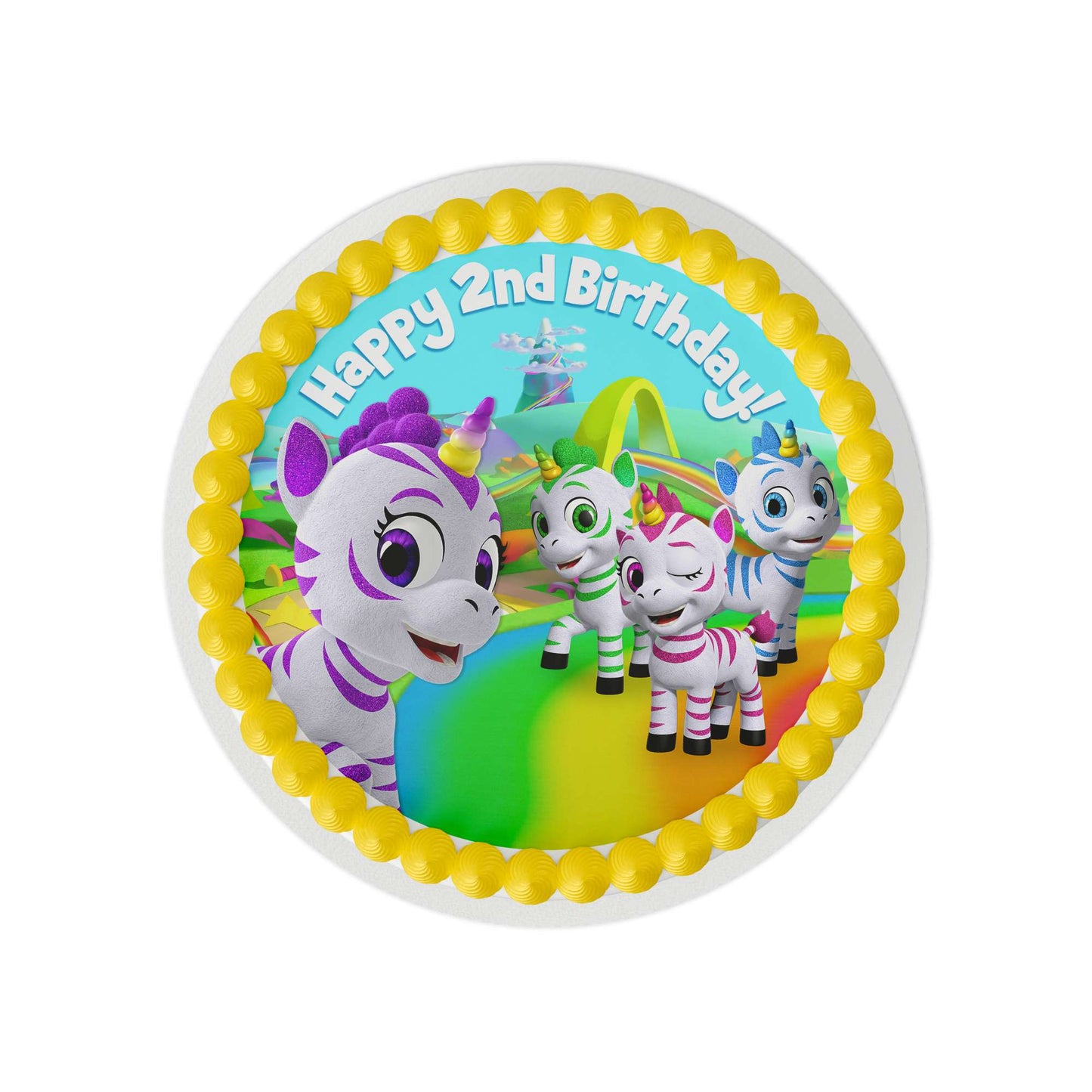 Zoonicorn Rainbow Road 2nd Birthday 8" Round Edible Cake Topper