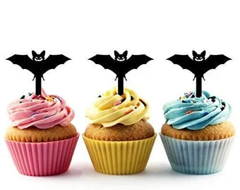 Flying Bat Halloween Silhouette Acrylic Cupcake Toppers 12 pcs
