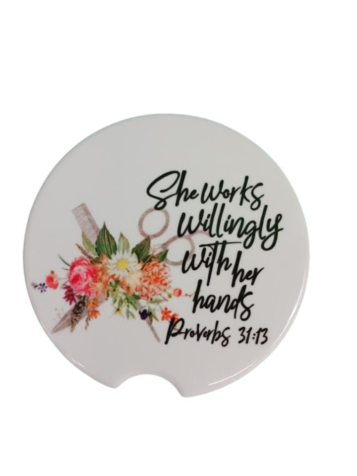 She Works Willingly with Her Hands Prov.31.13 Hairdresser/Hairstylist Ceramic Car Coaster Set 2.56" (2 Pack)