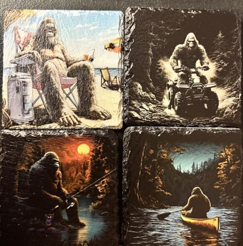 Bigfoot Slate Coasters Set of 4 – Rustic Stone Drink Coasters with Funny Sasquatch Designs – Non-Slip Foam Backing – Unique Outdoor Cabin Decor & Gift for Bigfoot Lovers