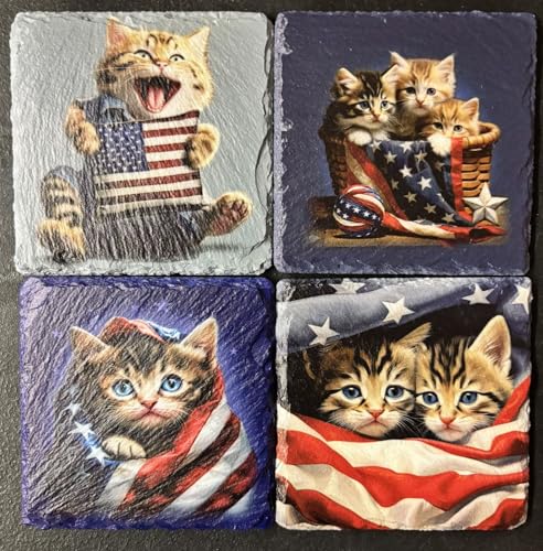 Patriotic Cat Slate Coaster Set – 4 Piece American Flag Kitten Design with Non-Slip Foam Backing – Absorbent Stone Drink Coasters for Home or Office Décor