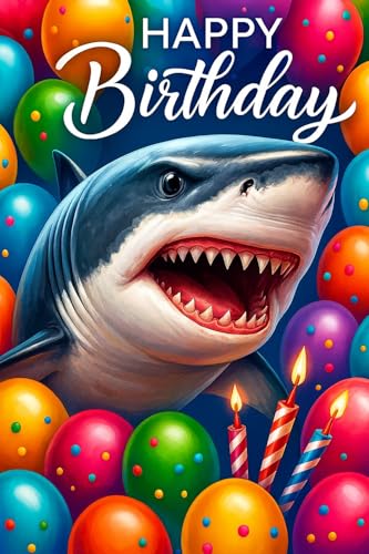 Shark Birthday Cake Topper – Underwater Party Theme with Balloons & Candles – Fun Ocean Shark Party Decoration for Boys, Girls & Kids Celebrations – 8"x10.5"