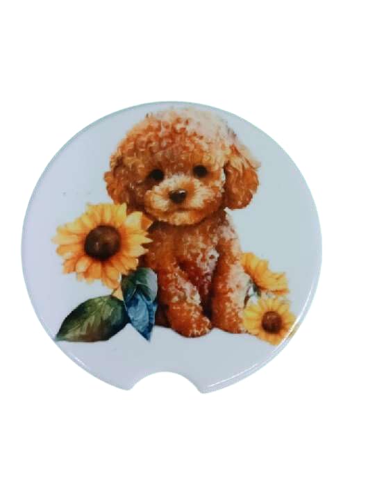 Adorable Toy Poodle with Sunflower Ceramic Car Coaster Set 2.56" (2 Pack)