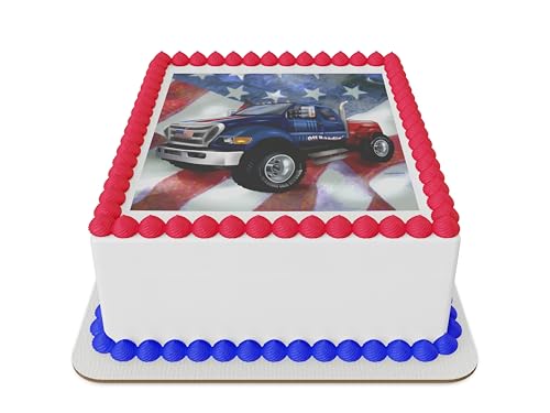 Monster truck with flag Edible Icing Sheets cake topper for 1/4 Sheet cake or llarger