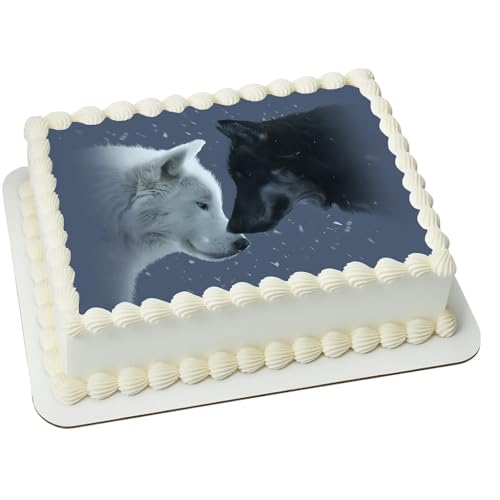 Mystical Wolves Cake Topper – Snowy Black & White Wolf Design – Arctic Themed Birthday or Party Decoration Sheet for Cakes fits 1/4 sheet cake or larger