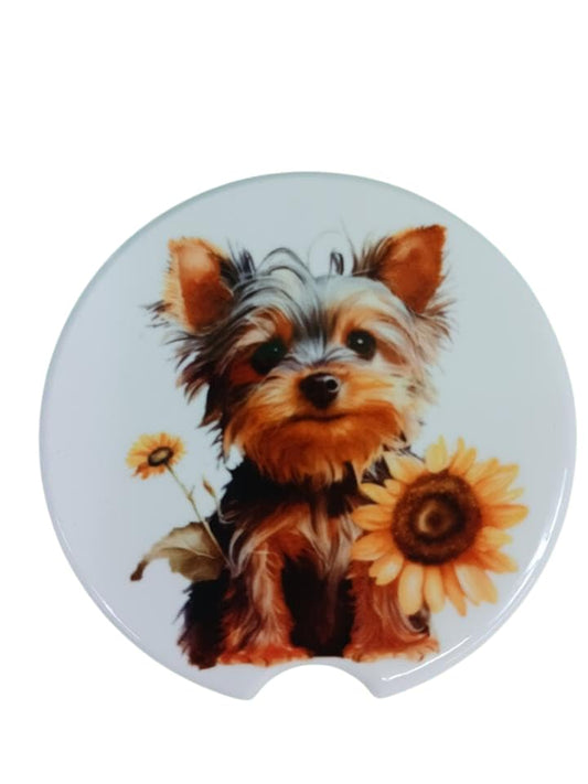 Adorable Yorkshire Terrier with Sunflower Ceramic Car Coaster Set 2.56" (2 Pack)