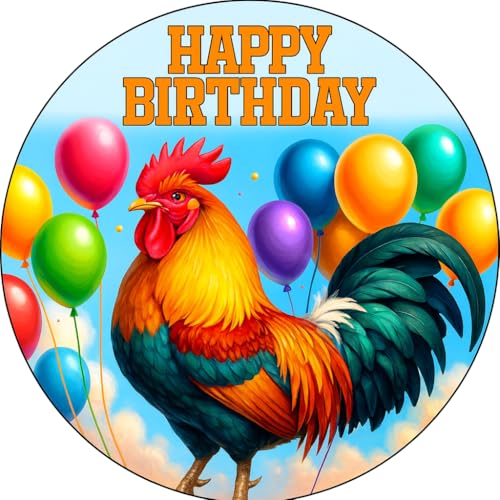 Colorful Rooster Happy Birthday Cake Topper – Farm Animal Party Decoration with Balloons – Vibrant 7.5 inch Round Cake Image for Kids & Adults