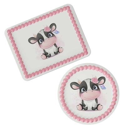 Cute Cow with Flower Crown Edible Cake Topper