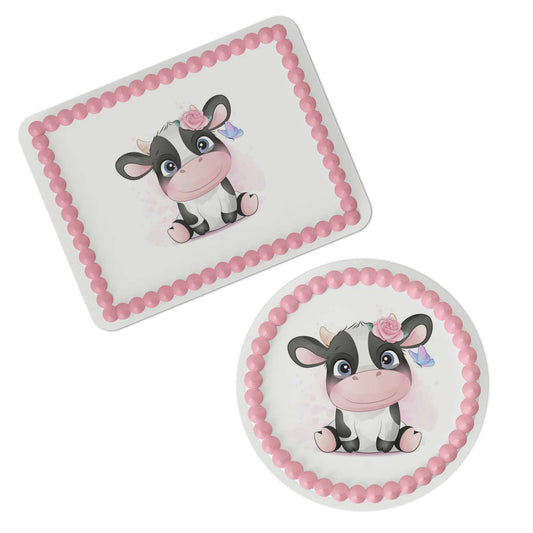 Cute Cow with Flower Crown Edible Cake Topper