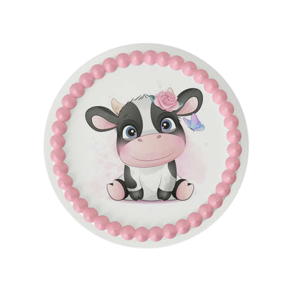 Cute Cow with Flower Crown Edible Cake Topper