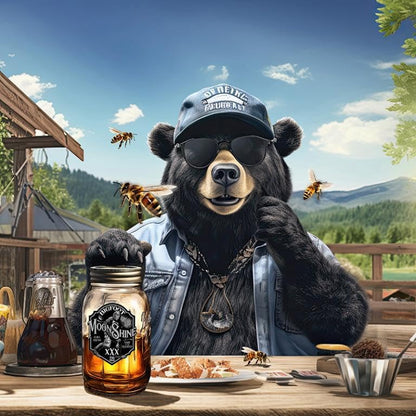 Funny Moonshine Bear Cake Topper – Rustic Party Decoration with Cool Bear, Bees & Backyard Vibes for Birthdays & BBQs