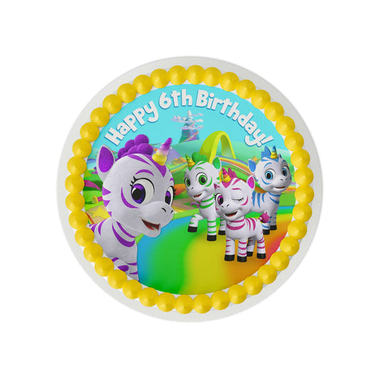 Zoonicorn Rainbow Road 6th Birthday 8" Round Edible Cake Topper