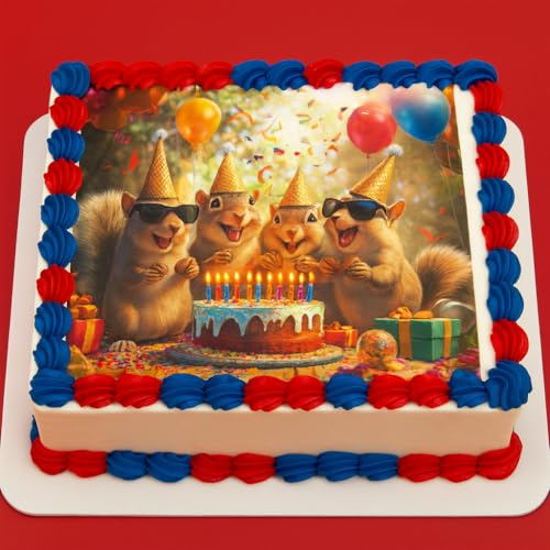 Whimsical Squirrel Birthday Cake Topper – Forest-Themed Party Decoration with Adorable Squirrels in Party Hats and Sunglasses – Fun Animal Celebration Design for Kids and Nature Lovers – 8"x10.5"