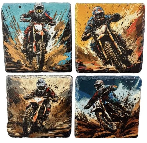 Motocross Dirt Bike Slate Coasters – Set of 4 – Rugged Stone Coasters with Foam Feet for Dirt Bike Riders, Motocross Fans, Garage, Bar or Man Cave Decor