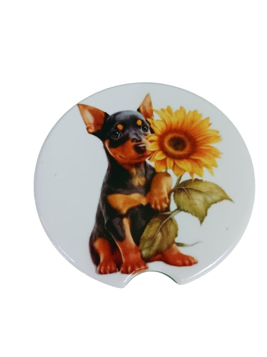 Adorable Miniature Pinscher with Sunflower Ceramic Car Coaster Set 2.56" (2 Pack)