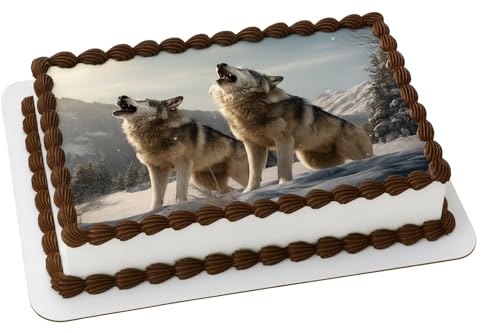 Two Howling Wolves Cake Topper – Winter Snow Scene Decoration for Animal & Nature-Themed Birthday Parties fits 1/4 sheet cake or larger