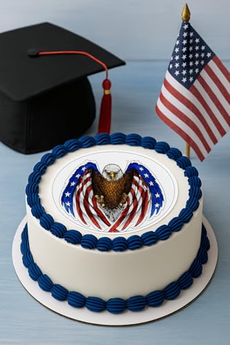 American Eagle Edible Cake Topper – Patriotic Flag Wings Round Design – USA Bald Eagle Cake Decoration – Veterans, Military, 4th of July Party