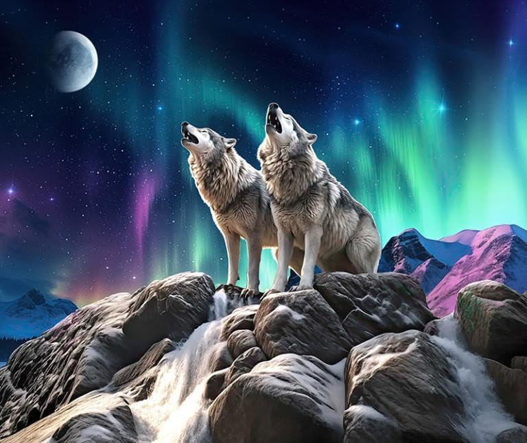 Howling Wolves Cake Topper – Northern Lights Moonlit Night Design – Winter Nature Scene for Animal Lovers fits 1/4 sheet cake or larger