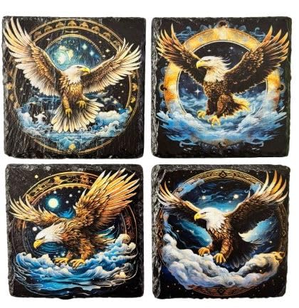 Bald Eagle Slate Coasters Set of 4 – Patriotic American Wildlife Drink Coasters with Foam Backing – Rustic Slate for Home, Cabin, or Office Decor