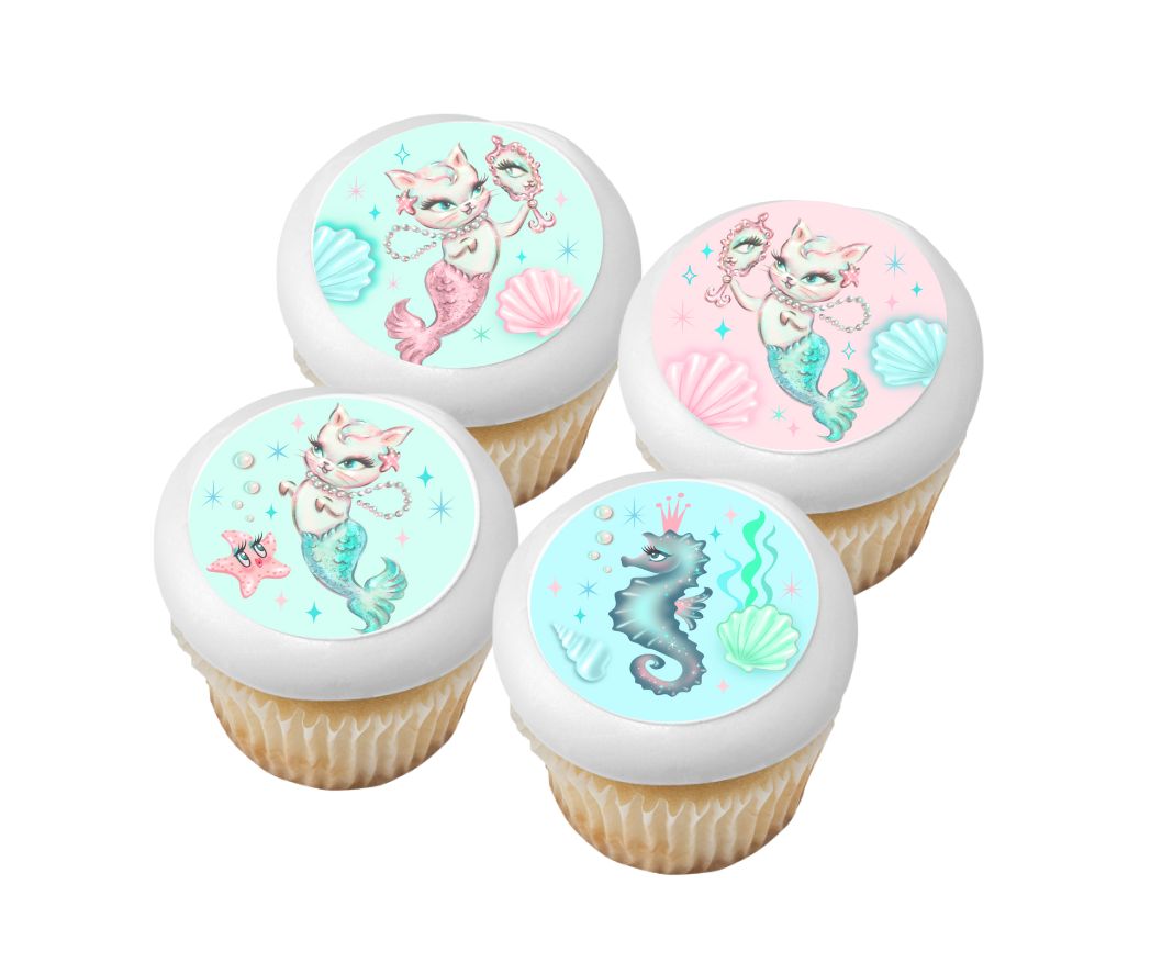 Mermaid kitten Aqua under the sea Happy Birthday Edible Icing Sheets- Assorted Image Cake Toppers-Frosting Sheets- Cookies- Cupcake Toppers