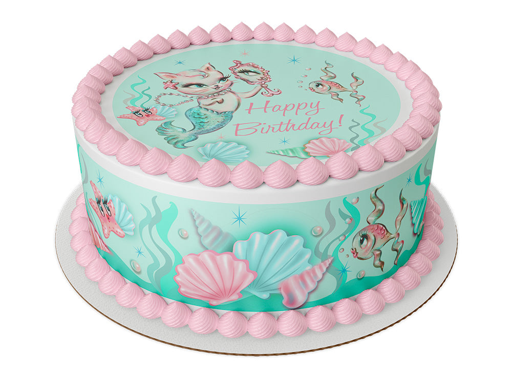 Mermaid kitten Aqua under the sea Happy Birthday Edible Icing Sheets- Assorted Image Cake Toppers-Frosting Sheets- Cookies- Cupcake Toppers