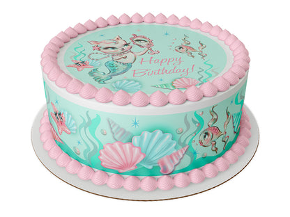 Mermaid kitten Aqua under the sea Happy Birthday Edible Icing Sheets- Assorted Image Cake Toppers-Frosting Sheets- Cookies- Cupcake Toppers