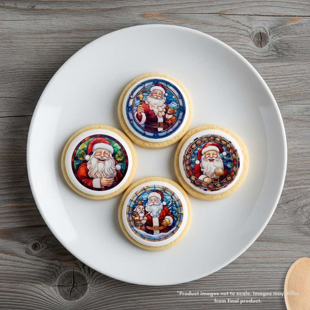 2 Inch Round Christmas Stained Glass Santa Edible Cookie Toppers