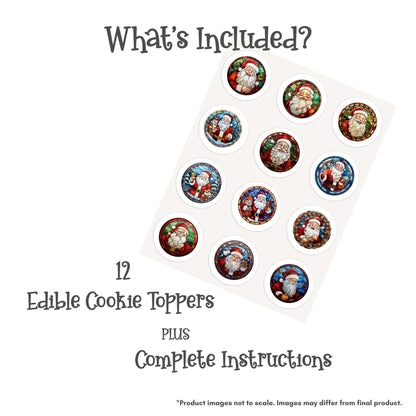 2 Inch Round Christmas Stained Glass Santa Edible Cookie Toppers