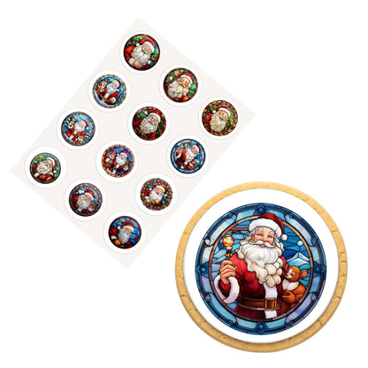 2 Inch Round Christmas Stained Glass Santa Edible Cookie Toppers