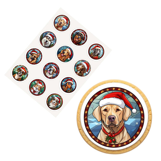2 Inch Round Christmas Stained Glass Large Dogs Edible Cookie Toppers
