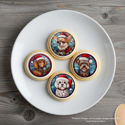 2 Inch Round Christmas Stained Glass Small Dogs Edible Cookie Toppers