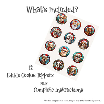 2 Inch Round Christmas Stained Glass Small Dogs Edible Cookie Toppers