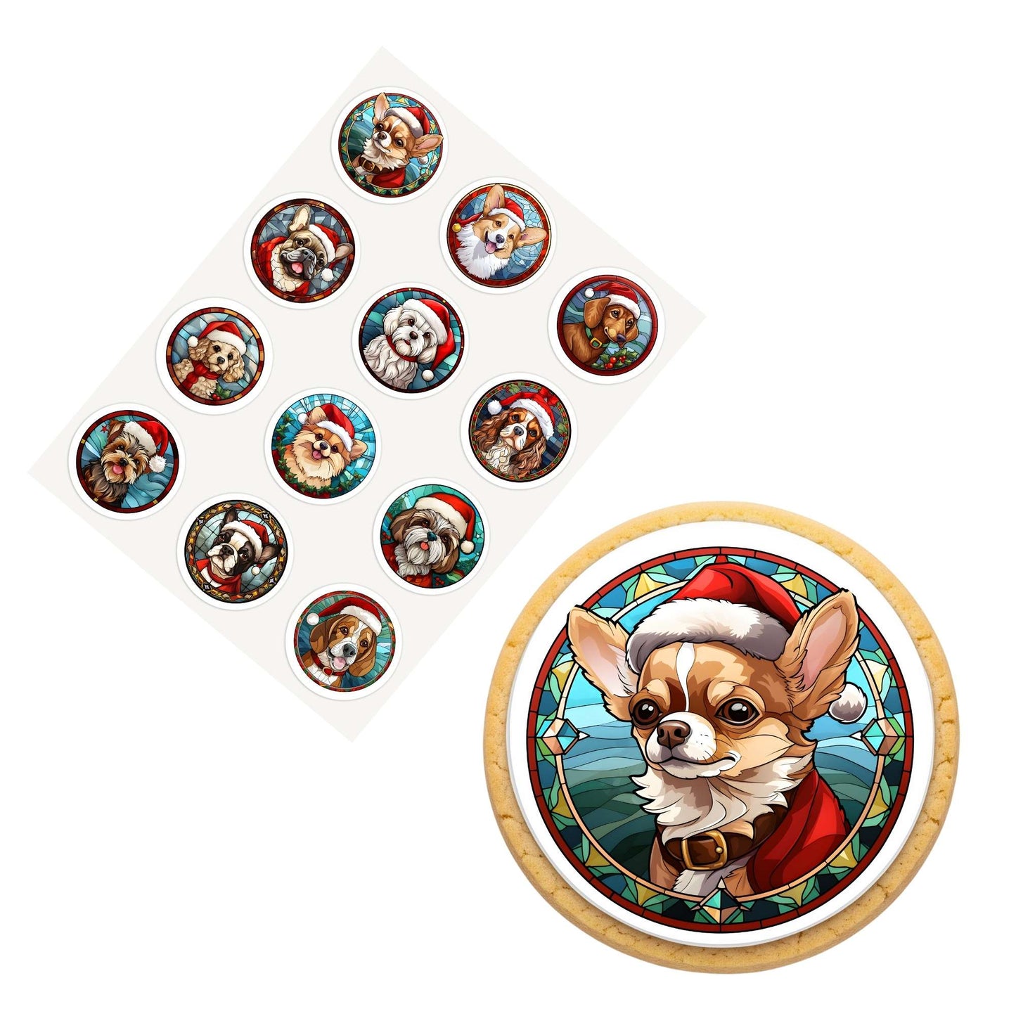 2 Inch Round Christmas Stained Glass Small Dogs Edible Cookie Toppers