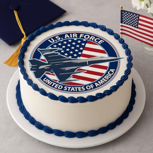 Air Force Cake Topper – Fighter Jet & American Flag Design – Patriotic Military Birthday Party Decoration
