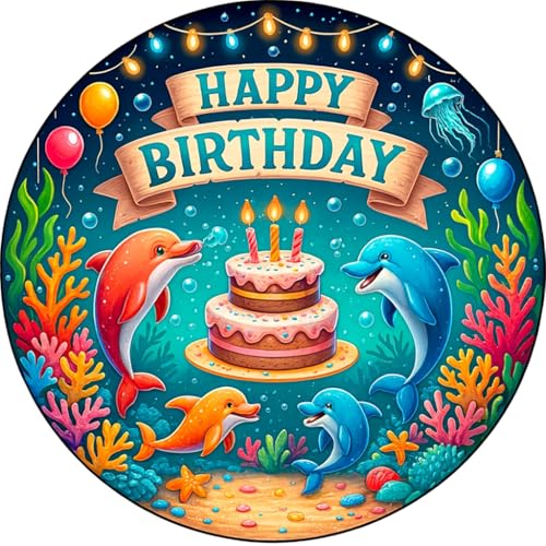 Underwater Dolphin Birthday Cake Topper – Ocean Party Theme Decoration for Kids – 7.5 Round Cake Image with Dolphins, Coral & Balloons – Fun Undersea Celebration Design