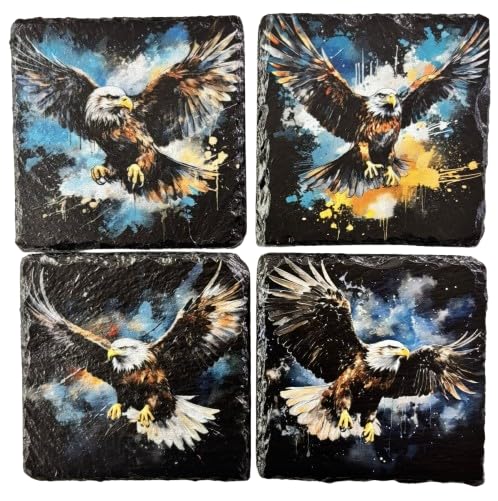 Bald Eagle Slate Coaster Set – 4 Piece Stone Drink Coasters with Vivid Patriotic Art – Rustic Decor with Foam Backing – Wildlife Bird Gift for Men, Hunters, and Nature Lovers