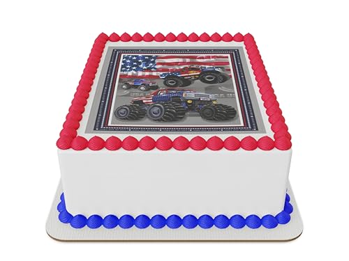 Trucks with US flag Edible Icing Sheet cake topper for 1/4 Sheet cake or larger