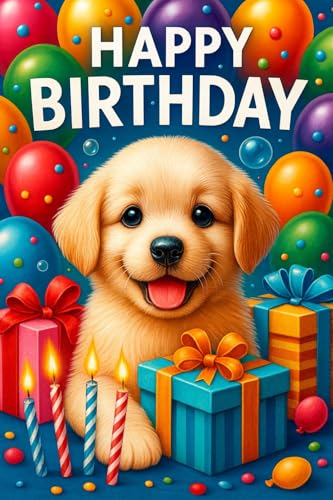 Adorable Puppy Birthday Cake Topper – Colorful Balloons & Gifts Design – Party Decoration for Kids & Dog Lovers - 8"x10.5"