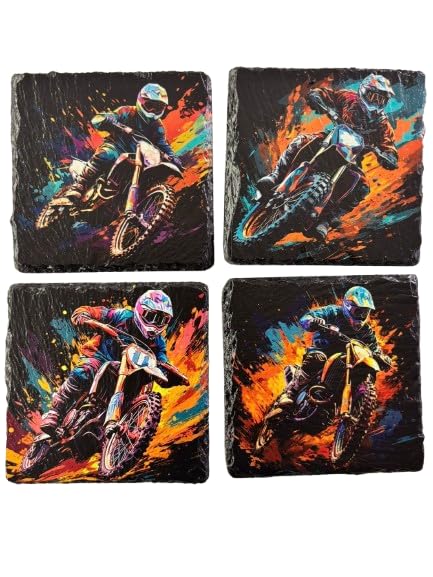 Neon Dirt Bike Slate Coasters – Set of 4 | Colorful Motocross Drink Coasters with Foam Dots | Stone Slate for Biker Decor, Garage, Man Cave or Giftabin, or Office Decor