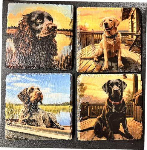 Rustic Dog Slate Coaster Set – Hunting Dog Design – Square Stone Drink Coasters with Protective Foam Pads – Cabin, Lodge & Country Home Decor – Set of 4